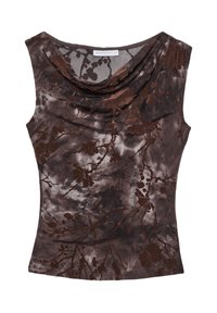 Hnedý top s kvetinovým vzorom a drapériou na krku. Mäkká tkanina, bez rukávov, s tmavohnedými a svetlohnedými odtieňmi a štruktúrovaným vzhľadom.