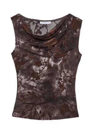 Brun blomstermønstret top med cowl-hals. Blødt stof, ærmeløs design, der har mørkebrun og lysebrun farver med en tekstureret overflade.