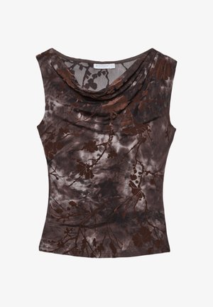 Haut à motif floral marron avec un col drapé. Tissu doux, design sans manches, avec des nuances de marron foncé et clair et une apparence texturée.
