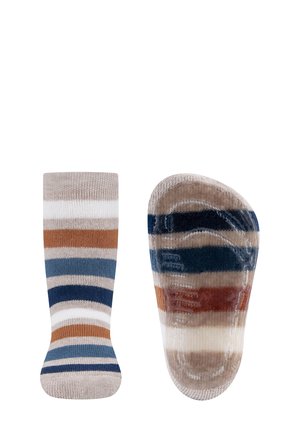 Striped socks featuring a mix of blue, brown, and beige hues, with ribbed texture and a reinforced toe area for durability.