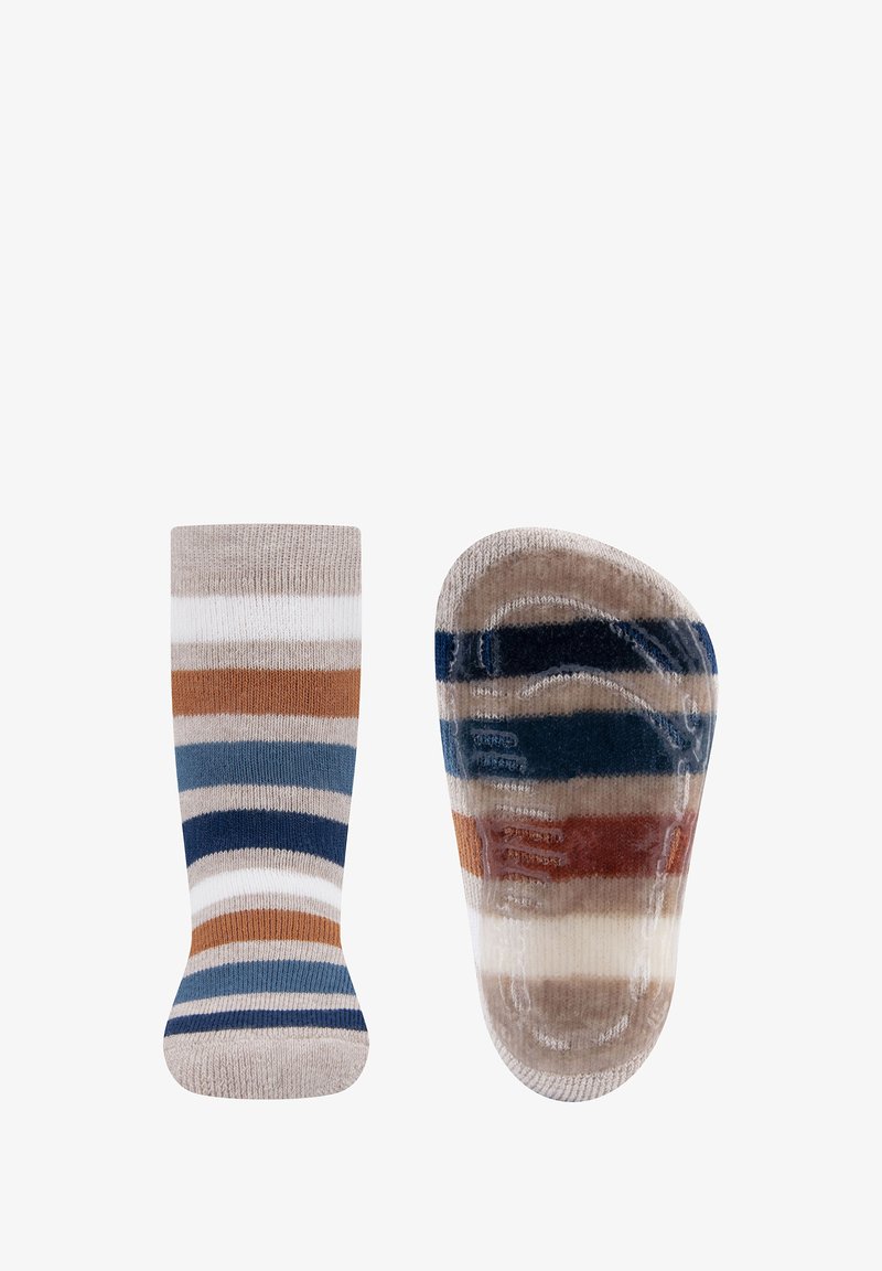 Striped socks featuring a mix of blue, brown, and beige hues, with ribbed texture and a reinforced toe area for durability.