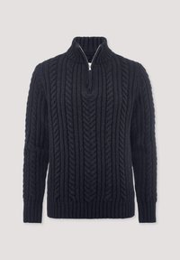 Navy knitted sweater with a quarter zip and high collar. Features a textured cable pattern and ribbed cuffs and hem for a snug fit.