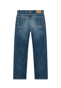 Jeans in denim blu con un design a gamba dritta, dotati di vita media, due tasche posteriori e una patch in pelle in vita.