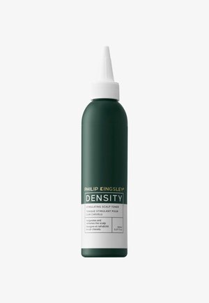 Groene plastic fles met een lange witte sproeikop, gelabeld "Philip Kingsley Density," 150 ml, ontworpen voor het tonifiëren en verfrissen van de hoofdhuid.