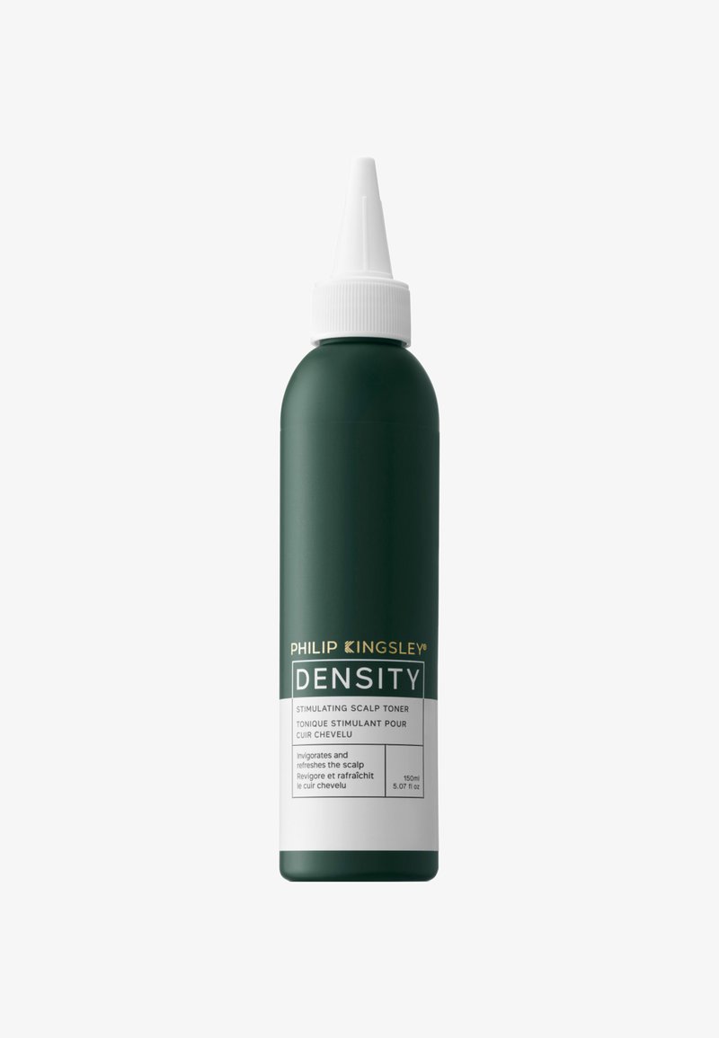Groene plastic fles met een lange witte sproeikop, gelabeld "Philip Kingsley Density," 150 ml, ontworpen voor het tonifiëren en verfrissen van de hoofdhuid.