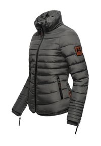 Gray puffer jacket with a high collar, horizontal stitching, zippered pockets, and a brown logo patch on the sleeve. Smooth texture.