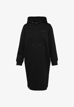 Zwarte hoodie jurk vervaardigd uit zachte stof. Heeft een capuchon, trekkoorden, lange raglanmouwen, zijsplitten en minimale tekstdetails op de voorkant.