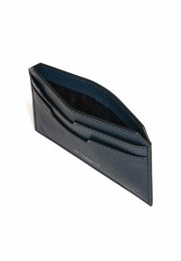 Portafoglio rettangolare in pelle blu scuro con superficie testurizzata. Presenta più scomparti e un design elegante. L'interno è foderato in tessuto.