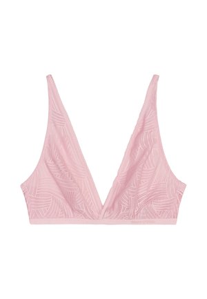 Kanten bralette in zachtroze met een diepe V-halslijn, voorzien van een golvend patroon en verstelbare bandjes. Geen beugels.