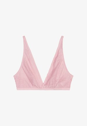 Kanten bralette in zachtroze met een diepe V-halslijn, voorzien van een golvend patroon en verstelbare bandjes. Geen beugels.