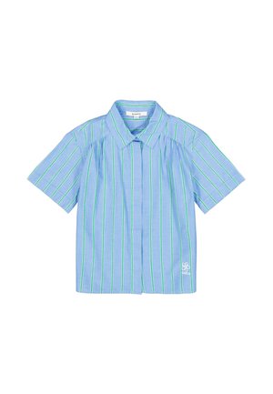 Korte mouwen overhemd in lichtblauwe stof met verticale groene strepen, voorzien van een uitgewaaierde kraag en een klein logo bij de zoom.