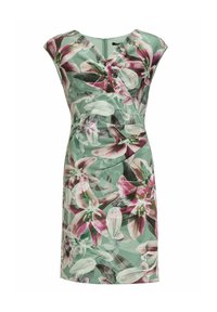Blumenkleid aus durchscheinendem mintgrünem Stoff, mit einem Lilienmuster in Pink und Weiß. Figurbetontes Design mit knielangem Schnitt und kurzen Ärmeln.