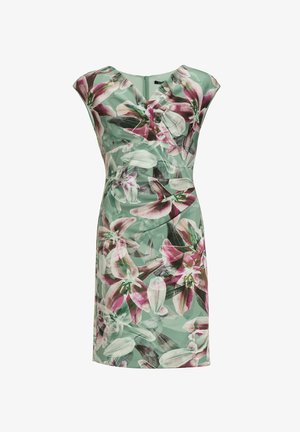 Abito floreale in tessuto trasparente verde menta, con una stampa di gigli in rosa e bianco. Design aderente con un taglio al ginocchio e maniche a cappuccio.