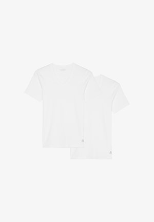 Witte katoen v-hals t-shirts, met korte mouwen, met een subtiele logoaccent nabij de zoom. Zachte textuur, klassieke pasvorm, twee-pack.