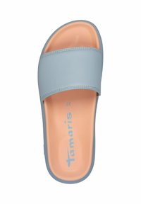 Blå slide-sandal med ett brett rem. Mjuk material och persikofärgad fotbädd. Har logotyp tryckt på innersulan. Rund tådesign.
