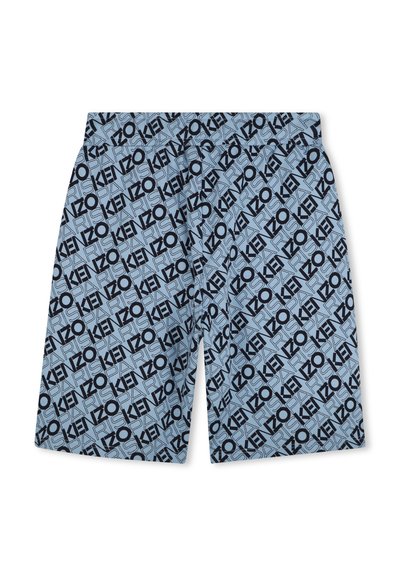 Lichtblauwe shorts met een herhaald zwart "KENZO" en "PARIS" logo patroon, elastische tailleband en een casual ontwerp.