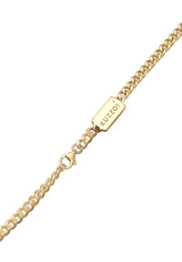 Auksinė grandinėlės apyrankė su susipinančiomis grandelėmis, stačiakampiu pakabuku su įrašu „Kuzzoí“ ir patikima vėžiuko sagtimi.