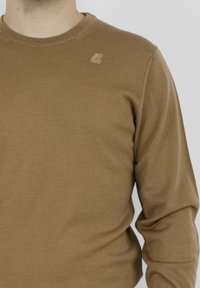 Maglione marrone a maniche lunghe con coste, collo tondo e un piccolo logo impresso sul lato sinistro. Tessuto morbido, forma aderente.