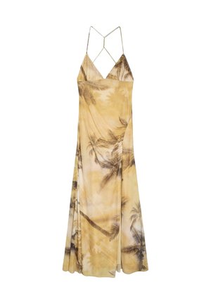 Robe longue jaune clair avec fines bretelles croisées et imprimé de palmiers marron, tissu fluide et décolleté en V.