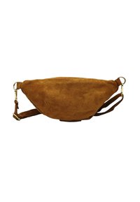 Banane en daim marron avec une forme arrondie, une bandoulière réglable et des accessoires en métal doré. Texture douce et détails de design minimalistes.