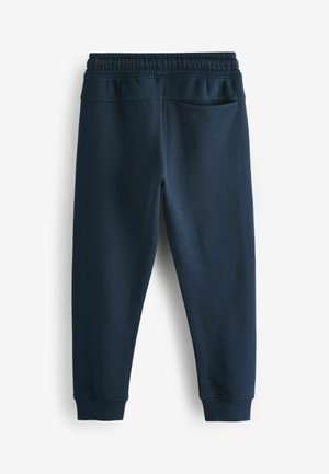 Navy blue sweatpants with elastic waistband and cuffs, featuring a smooth fabric texture and a single back pocket.