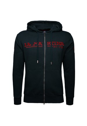 Dark green zip-up hoodie with a large red "La Martina" logo across the chest, adjustable drawstrings, and front pockets. Soft texture.