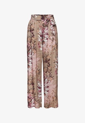 Floral wide-leg trousers in beige with pink, burgundy, and cream patterns. Features a tie waist and flowing fabric for comfort.