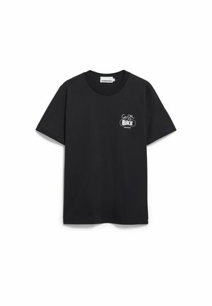 Schwarzes Baumwoll-T-Shirt mit kurzen Ärmeln und Rundhalsausschnitt. Auf der linken Brust ist der weiße Schriftzug "Get on your Bike" und ein Logo aufgedruckt.