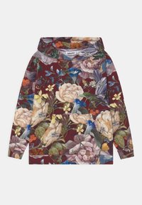 Bluza z kwiatowym wzorem na bordowym tle, z wielokolorowymi printami botanicznymi. Wykonana z miękkiego materiału, z długimi rękawami i kieszenią typu kangur.