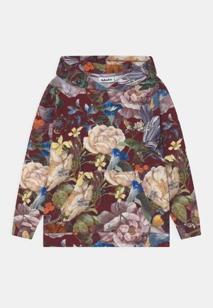 Haut à capuche floral avec un fond bordeaux et des imprimés botaniques multicolores. Matériau doux, manches longues et poche kangourou à l'avant.