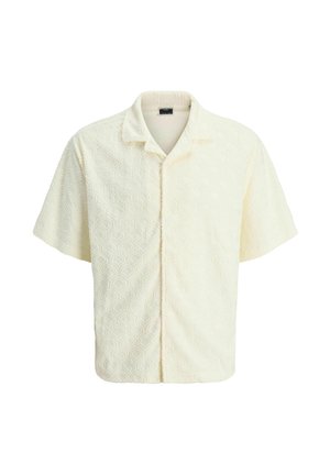 Kurzärmliges Hemd in Creme mit einem strukturierten Wellenmuster. Verfügt über einen kragen und einen lockeren Schnitt.