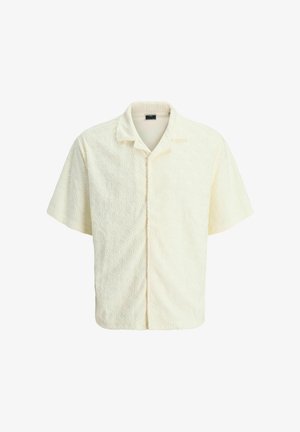 Kortærmet skjorte med knaplukning i cremefarve med et struktureret bølgemønster. Har krave og en afslappet pasform.