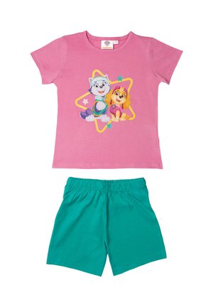 Pinkes Kurzarmhemd mit zwei Comic-Welpen in einem gelben Stern, kombiniert mit einfarbigen türkisfarbenen Shorts mit elastischem Bund.