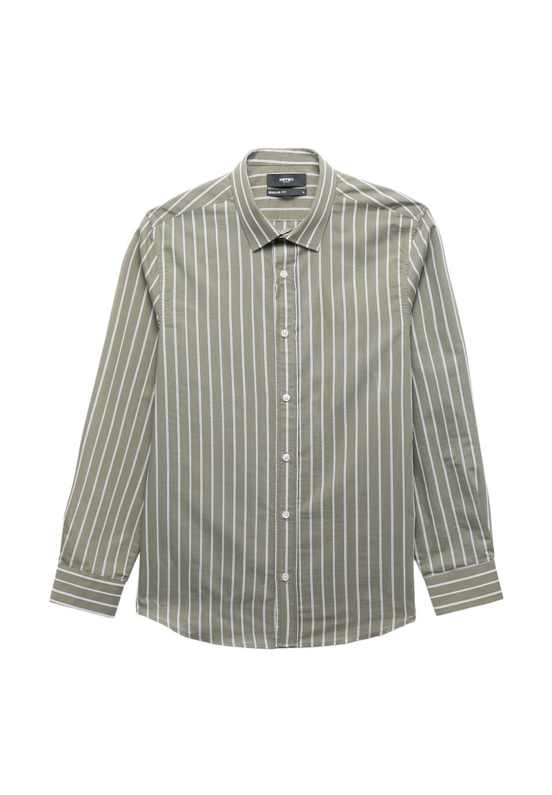 Olivgrünes Knopfverschlusshemd mit weißen vertikalen Streifen, normale Passform, lange Ärmel und klassischem Kragen. Verfügt über passende Knöpfe entlang der Vorderseite.