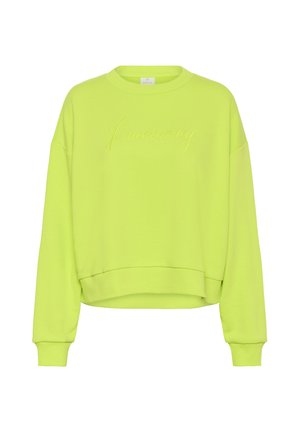 Sudadera de manga larga de color verde neón con puños y dobladillo acanalados, con el texto "luminary" bordado en cursiva en el pecho.