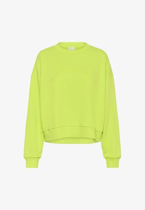 Neónovo zelená mikina s dlhými rukávmi, rebrovanými manžetami a lemom, s vyšitým kurzívnym nápisom "luminary" na hrudi.