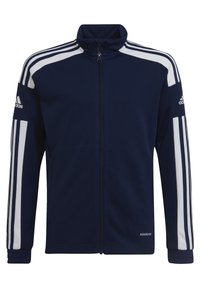 Giacca a track navy con design a tre strisce bianche sulle spalle, colletto alto, zip completa e logo "AEROREADY" all'orlo. Tessuto morbido.