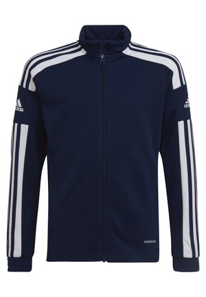 Veste de piste marine avec un design à trois bandes blanches sur les épaules, col haut, fermeture éclair sur toute la longueur et logo "AEROREADY" en bas. Tissu doux.