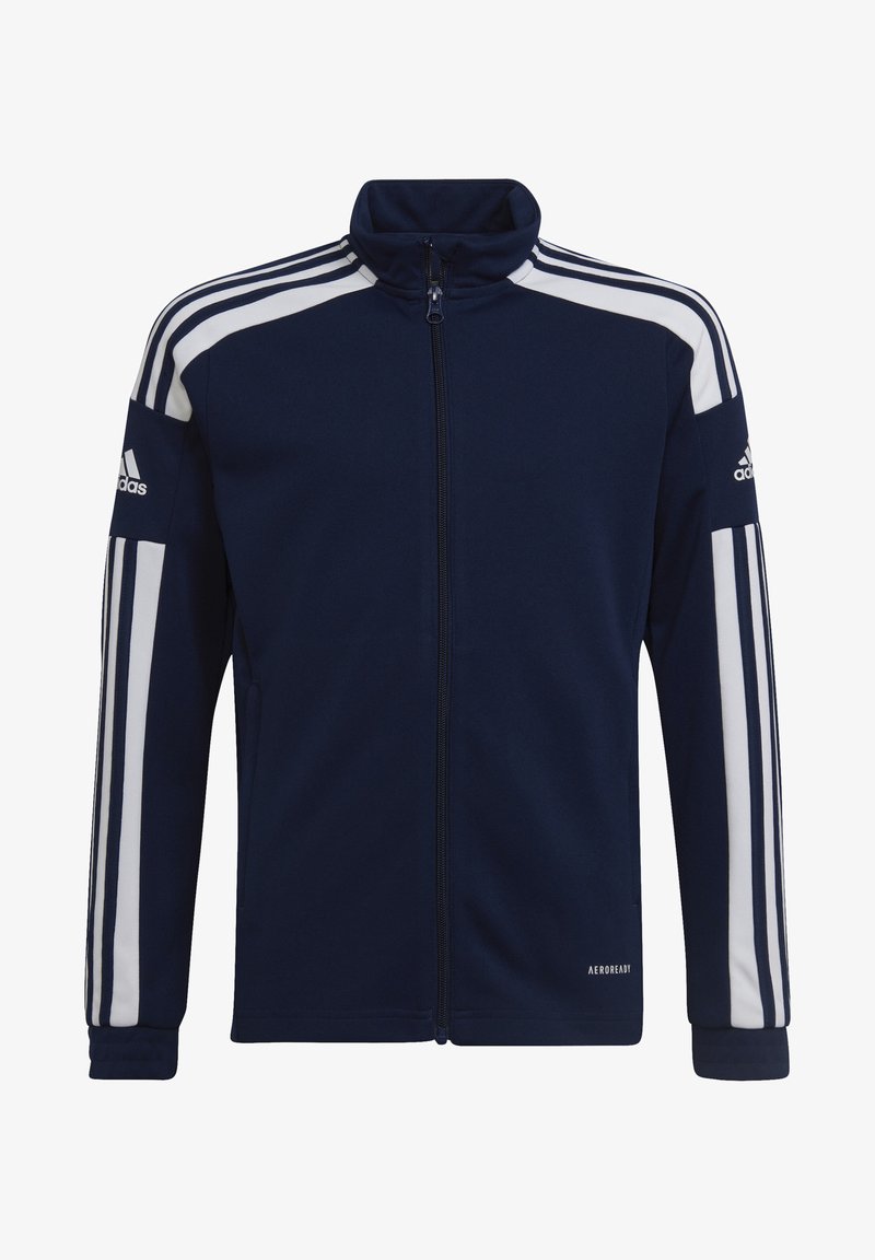 Navy track jacket with white three-stripe design on shoulders, high collar, full zip, and “AEROREADY” logo at the hem. Soft fabric.