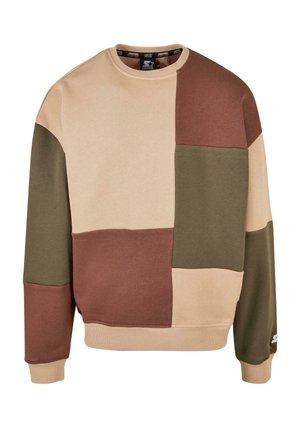 Sweatshirt mit Rundhalsausschnitt in Blockfarben mit rechteckigen Paneelen in Beige, Braun und Olivgrün sowie gerippten Bündchen und Saum.