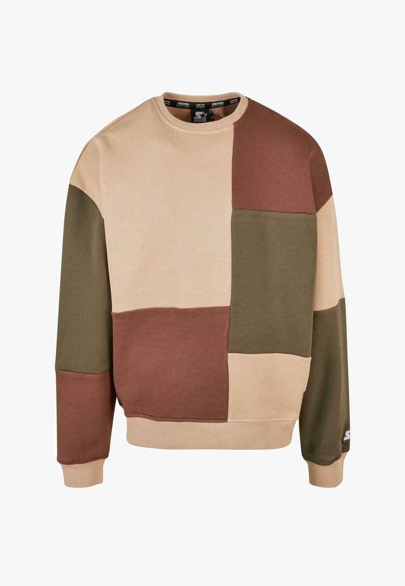 Sweat-shirt à col rond bicolore avec des panneaux rectangulaires beige, marron et vert olive, manches et ourlet côtelés.