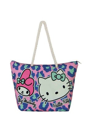 Bolso tipo tote con un estampado de leopardo rosa y azul, adornado con gráficos de Hello Kitty y My Melody. Manijas de cuerda y detalle de cierre con cremallera.