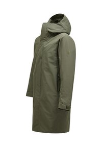 Olive green waterproof jacket with a high collar, hood, and long sleeves. Features minimalistic design and Velcro strap on cuffs.