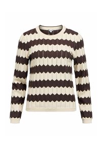Creme- und braunfarbener Pullover mit langen Ärmeln, der ein Zickzackmuster, eine gerippte Textur, einen runden Halsausschnitt und ein gestricktes Material aufweist.