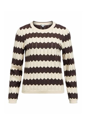 Maglione a maniche lunghe crema e marrone con motivo a zigzag, texture a coste, scollatura rotonda e tessuto lavorato a maglia.