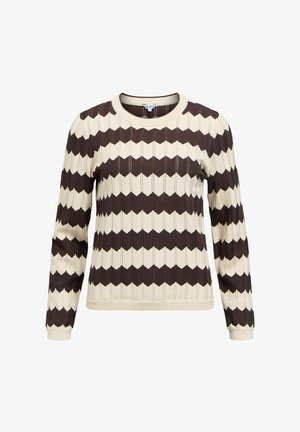 Cream and brown long-sleeve sweater featuring a zigzag pattern, ribbed texture, round neckline, and knit fabric.