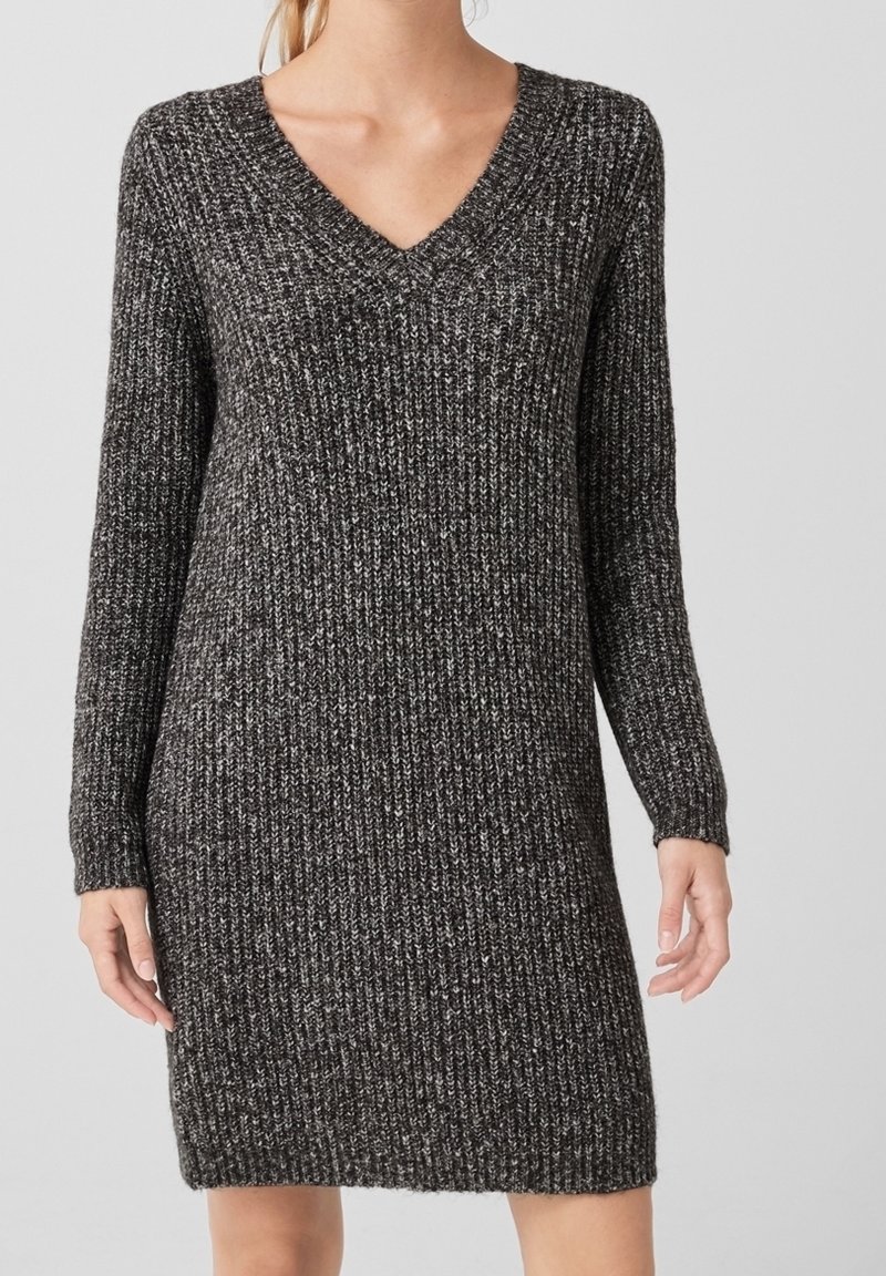 Knit dress with a V-neck and long sleeves, featuring a textured gray and black pattern, mid-thigh length, and loose fit.