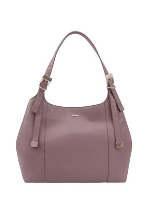 Sac à épaule en cuir de couleur mauve atténuée. Il présente une texture lisse, des sangles réglables avec des éléments en métal doré et un détail de marque subtil.