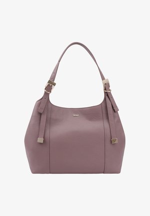 Leder-Schultertasche in gedämpftem Mauve. Verfügt über eine glatte Textur, verstellbare Träger mit goldfarbenen Beschlägen und ein dezentes Branding-Detail.