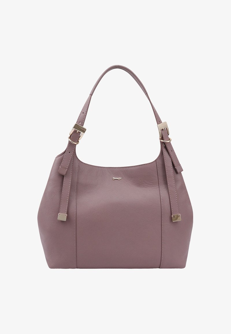 Sac à épaule en cuir de couleur mauve atténuée. Il présente une texture lisse, des sangles réglables avec des éléments en métal doré et un détail de marque subtil.